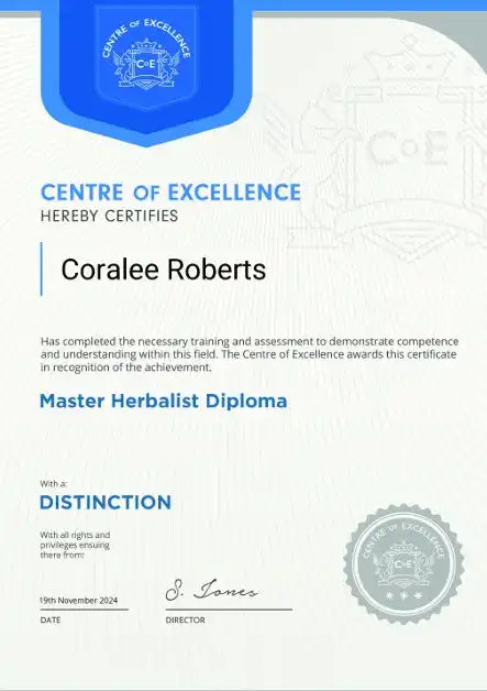 Master Herbalist Diploma certificate with a distinction grade and blue header design.