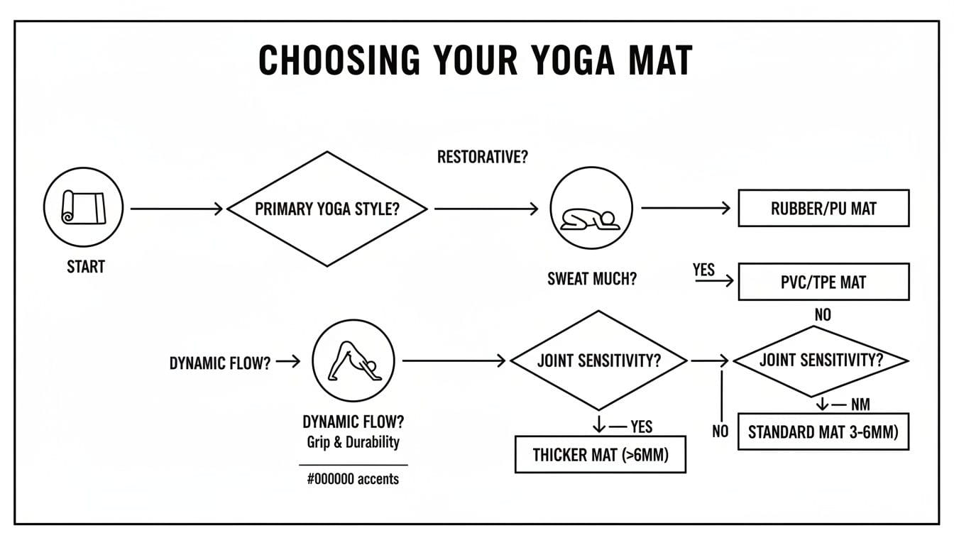 Flowchart guiding users on choosing a yoga mat based on primary yoga style, sweat, and joint sensitivity.