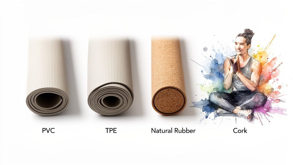 Four rolled yoga mats made of PVC, TPE, natural rubber, and cork with a yoga practitioner.