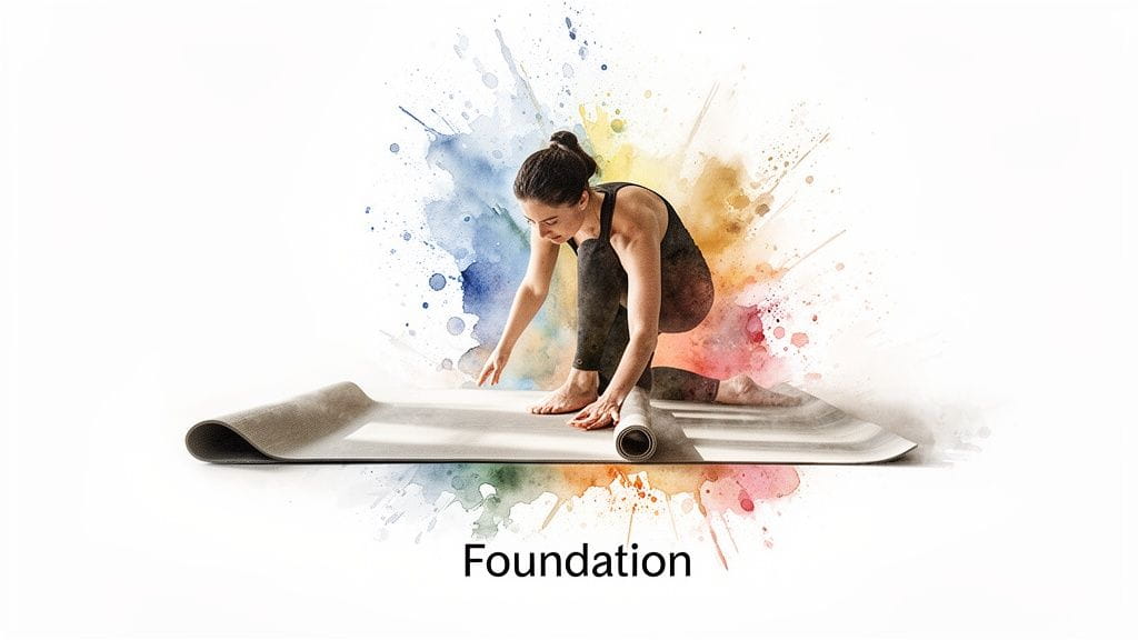 A woman in black activewear unrolling a yoga mat, preparing for a foundation yoga pose.