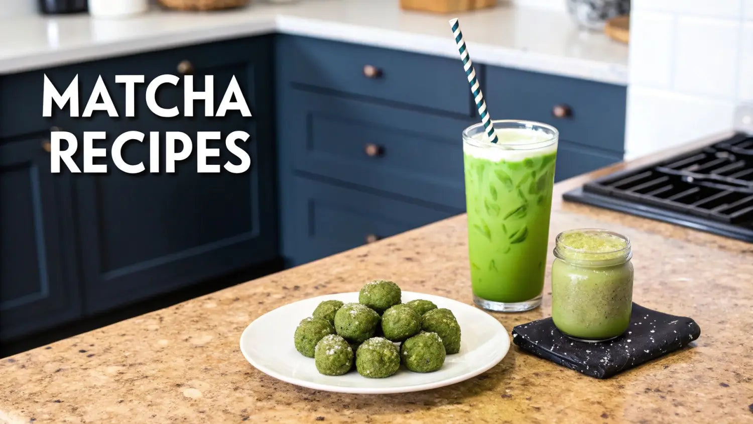 A counter with various vibrant green matcha recipes including a cold latte, energy balls, and a smoothie.