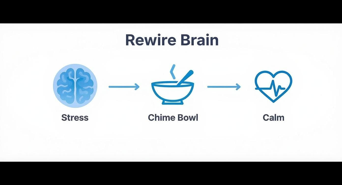 Flowchart illustrating a brain rewiring process using a meditation chime bowl to go from stress to calm.