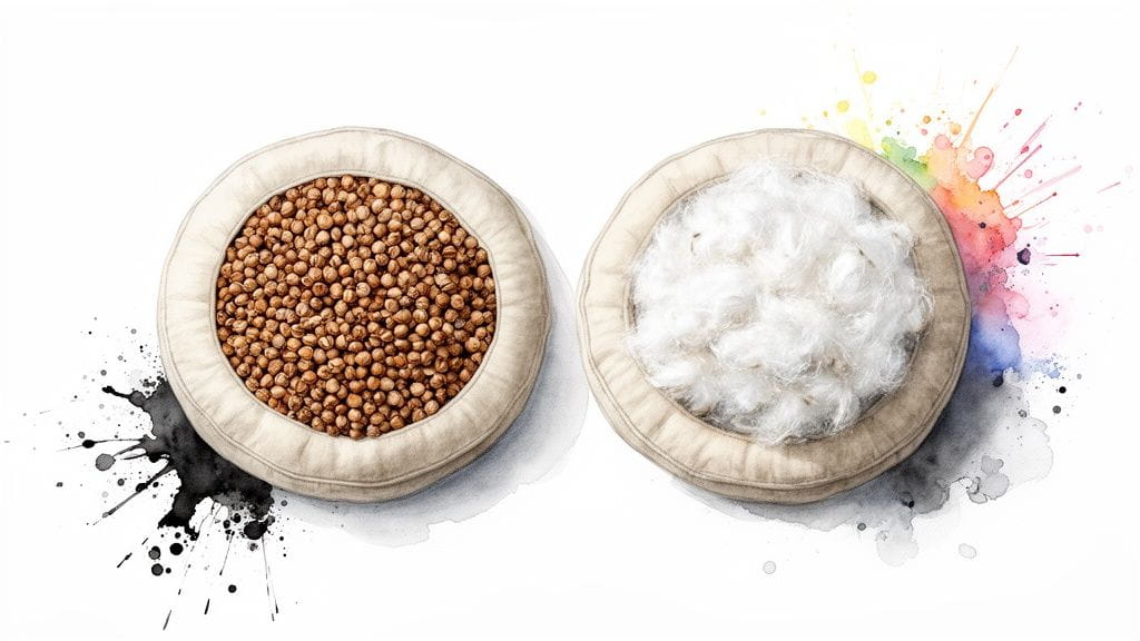 Two round cushions, one filled with natural seeds and black splashes, the other with white fluff and colorful paint.