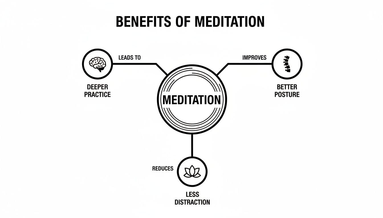 Diagram illustrating the benefits of meditation, including deeper practice, improved posture, and reduced distraction.