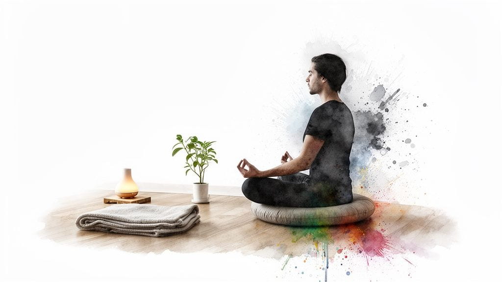 A man meditates peacefully on a cushion next to an essential oil diffuser and plant.