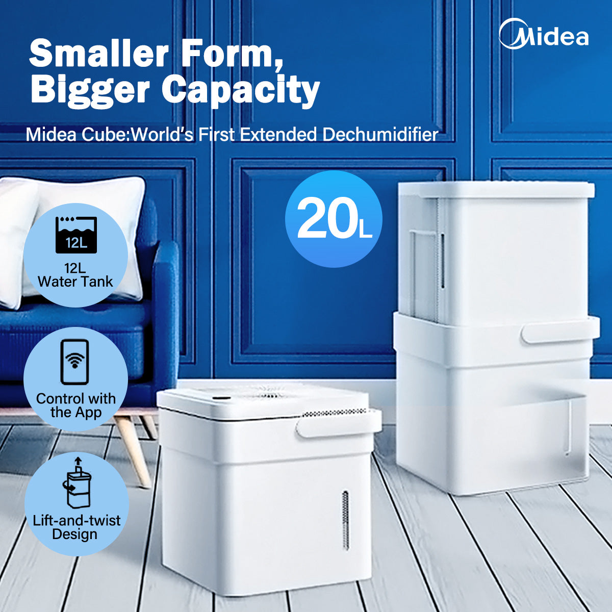 Midea Smart Cube Dehumidifier 20L/Day 12L Water Tank Compact Storage Full Water Warning - Appliances > Aroma Diffusers