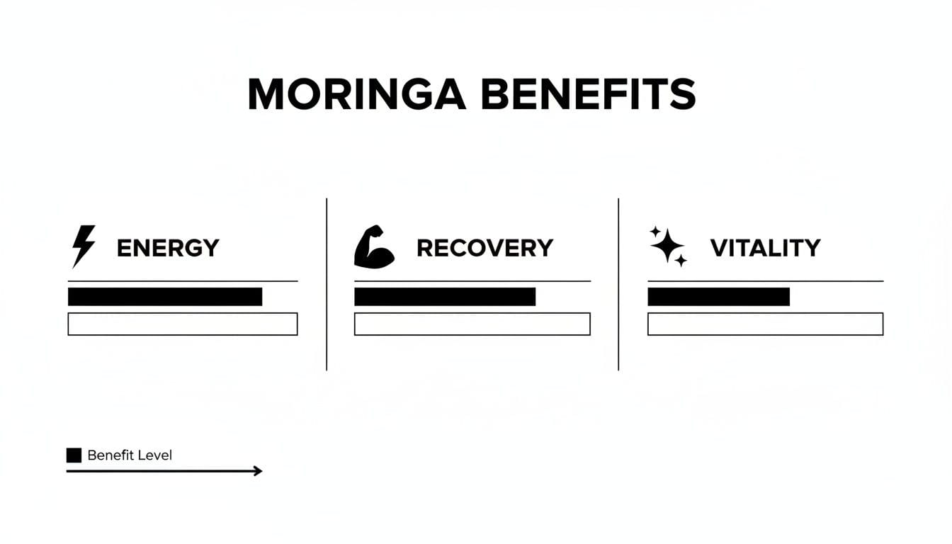 Graphic illustrating moringa benefits for energy, recovery, and vitality with comparative bar levels.