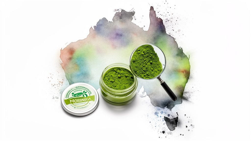 Organic moringa powder in a jar, magnified, set against a watercolor map of Australia.