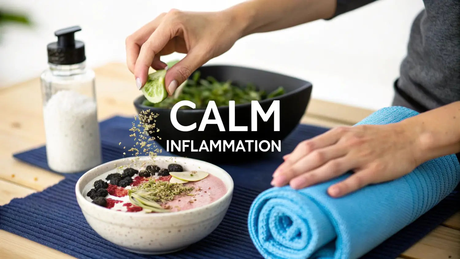 Hands preparing a vibrant anti-inflammatory smoothie bowl with berries and seeds on a wooden table.