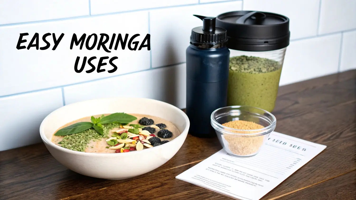 Various easy moringa uses are displayed, including a healthy smoothie bowl and a green drink.