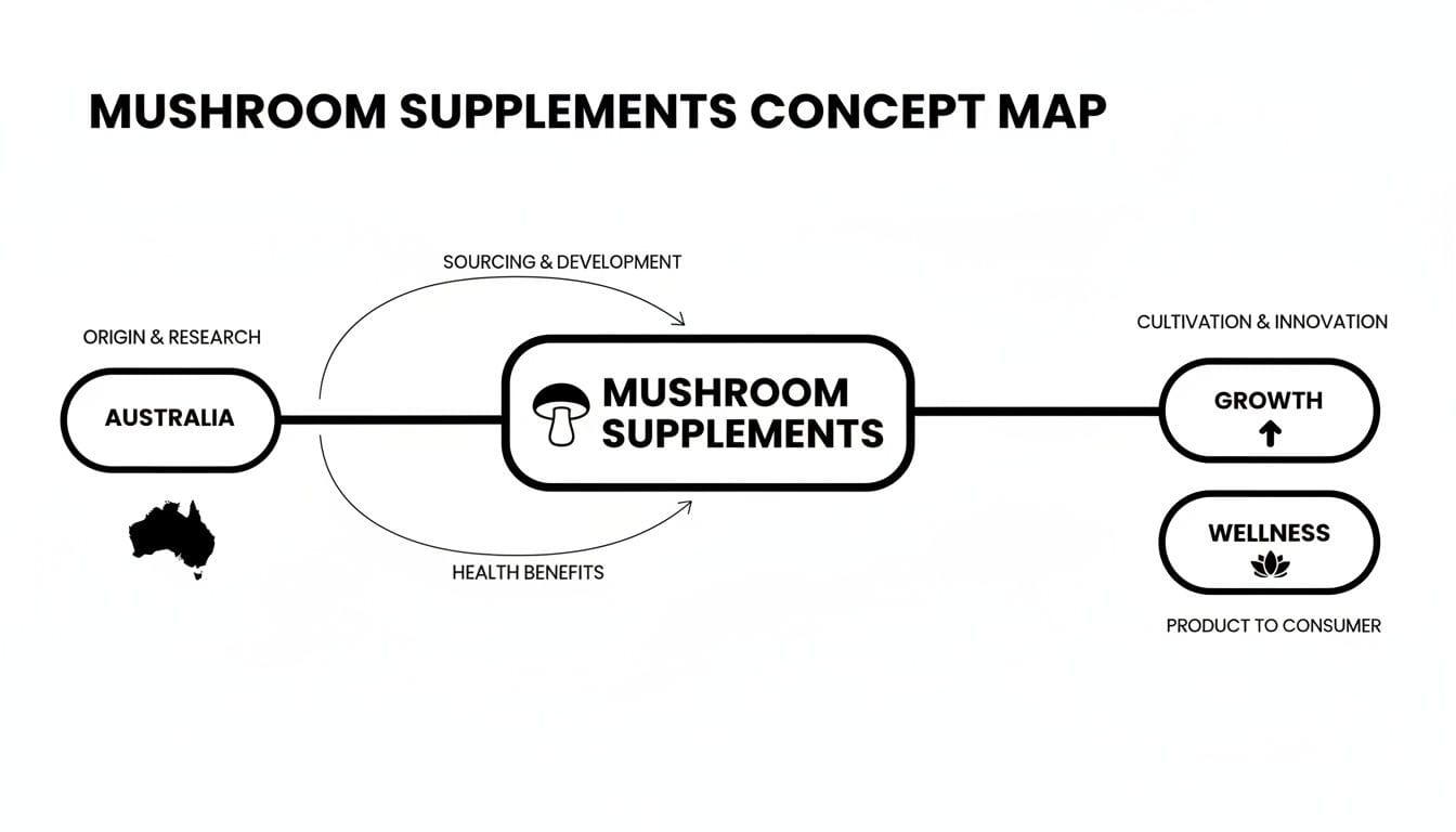 Mushroom supplements concept map detailing origin, development, growth, and wellness journey from Australia.