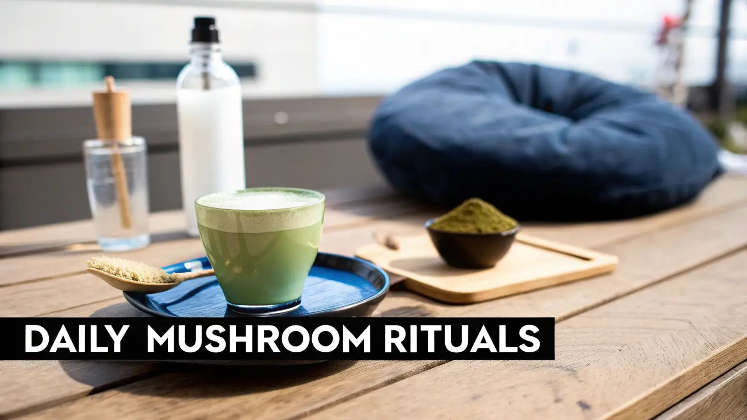 A green mushroom latte, mushroom powder, and milk on a wooden table for daily rituals.