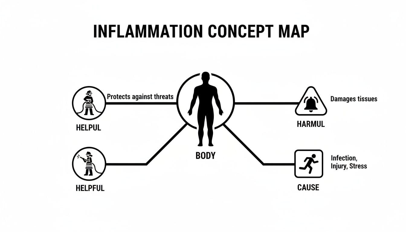 Inflammation concept map detailing its helpful protective functions and harmful tissue damage caused by infection, injury, or stress.