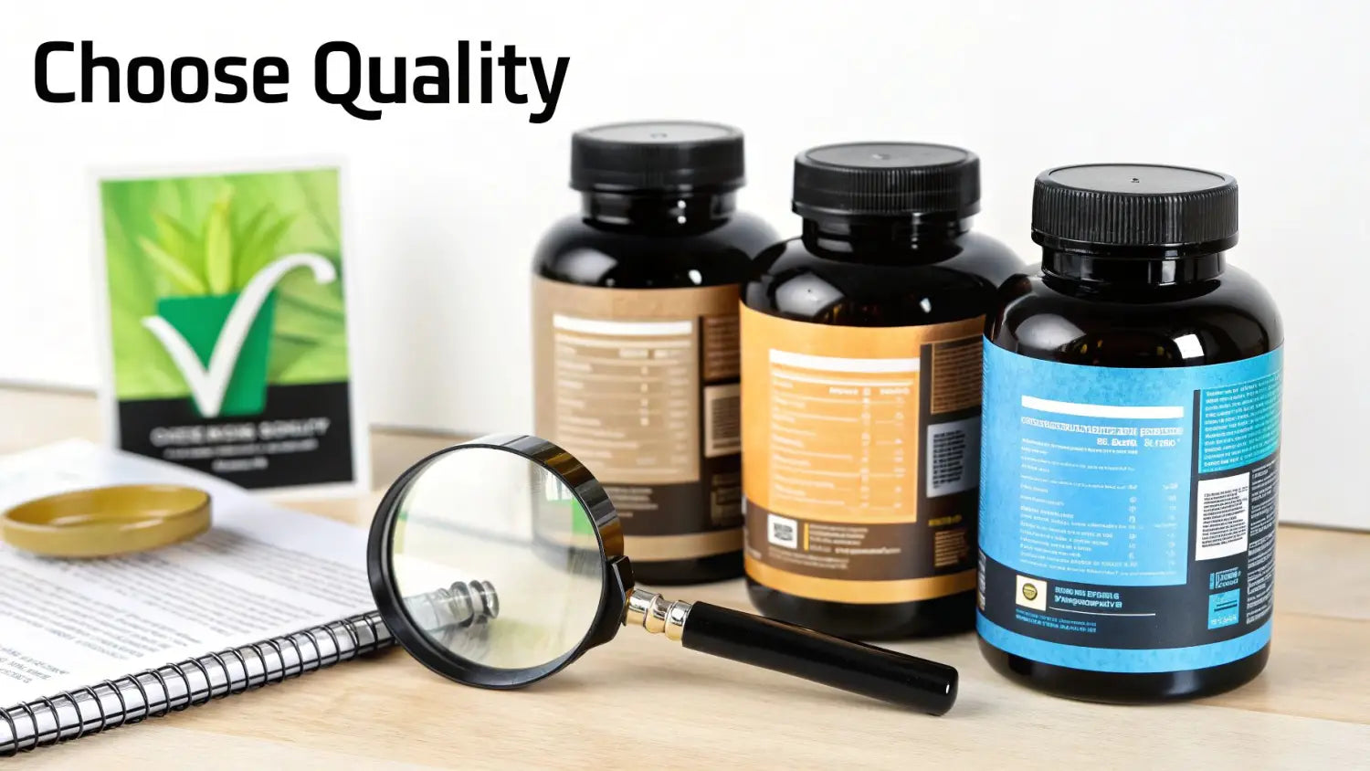 Three supplement bottles, a magnifying glass, and a notebook for natural product quality review.