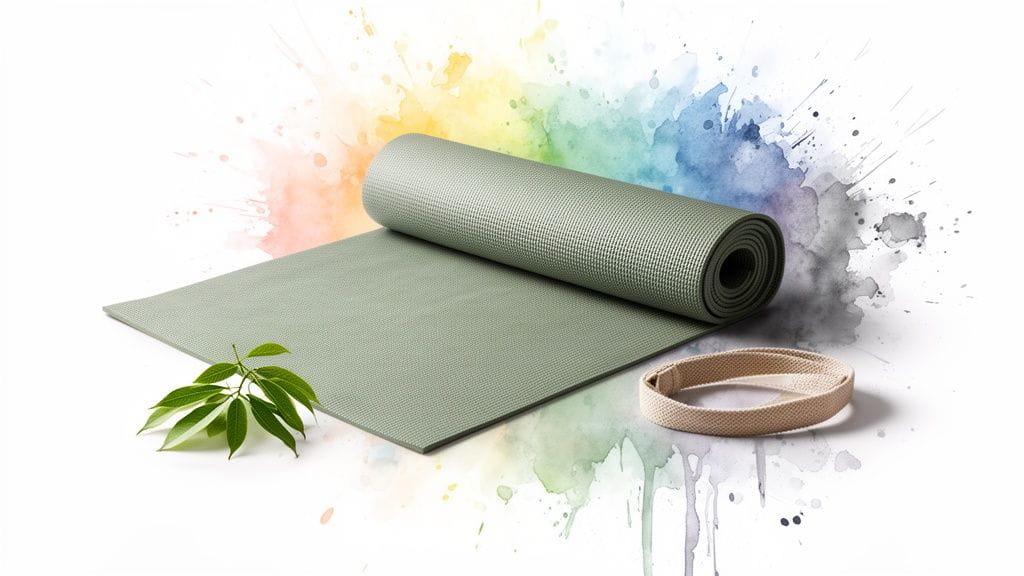 Eco-friendly green yoga mat unrolled, with plant leaves and strap on a colorful watercolor background.