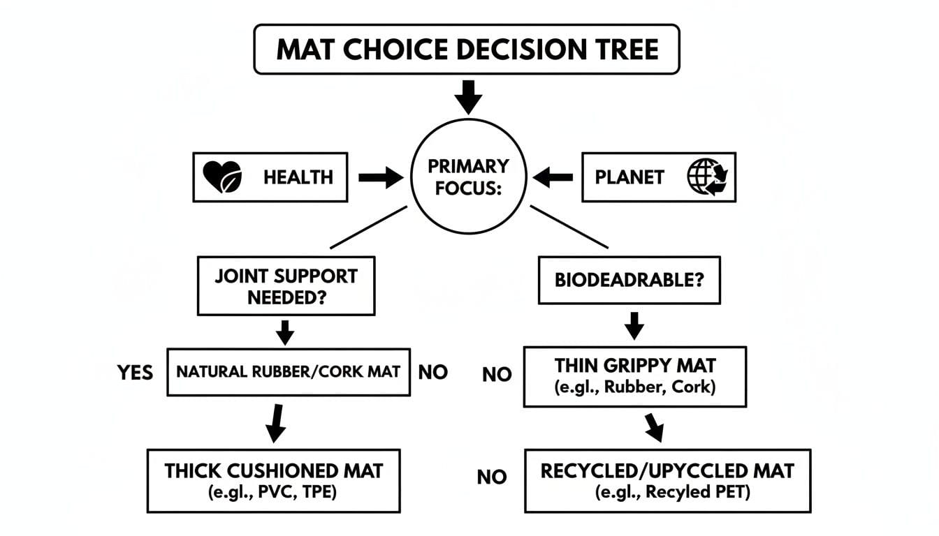 Decision tree flowchart guiding mat choice based on primary focus: health (joint support) or planet (biodegradable).