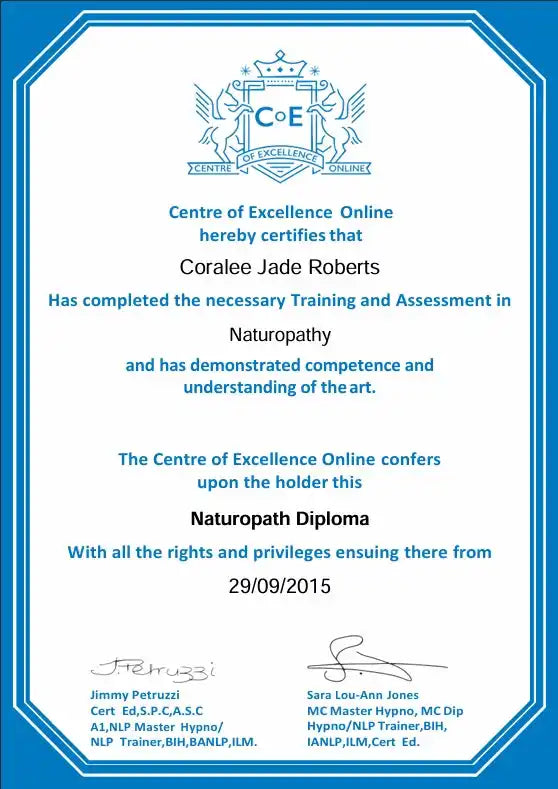 Naturopath diploma certificate from the Centre of Excellence Online dated September 29, 2015.