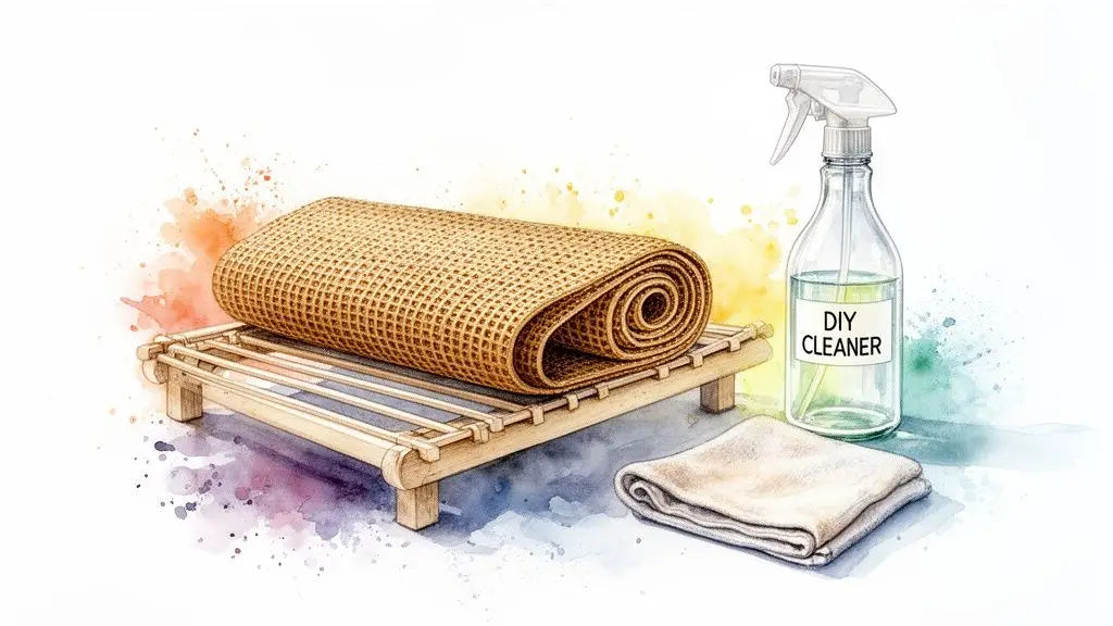 A rolled non-toxic yoga mat, DIY cleaner spray bottle, and a folded cloth on a wooden rack.