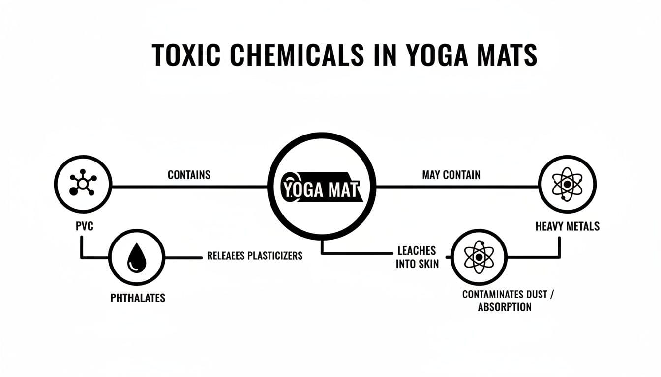 Flowchart showing toxic chemicals in yoga mats like PVC, phthalates, and heavy metals, which can leach into skin.