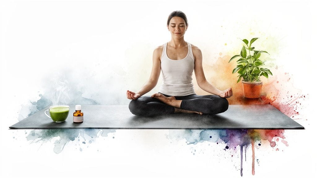 A woman meditates in lotus pose on a yoga mat with green tea, essential oil, and a plant.