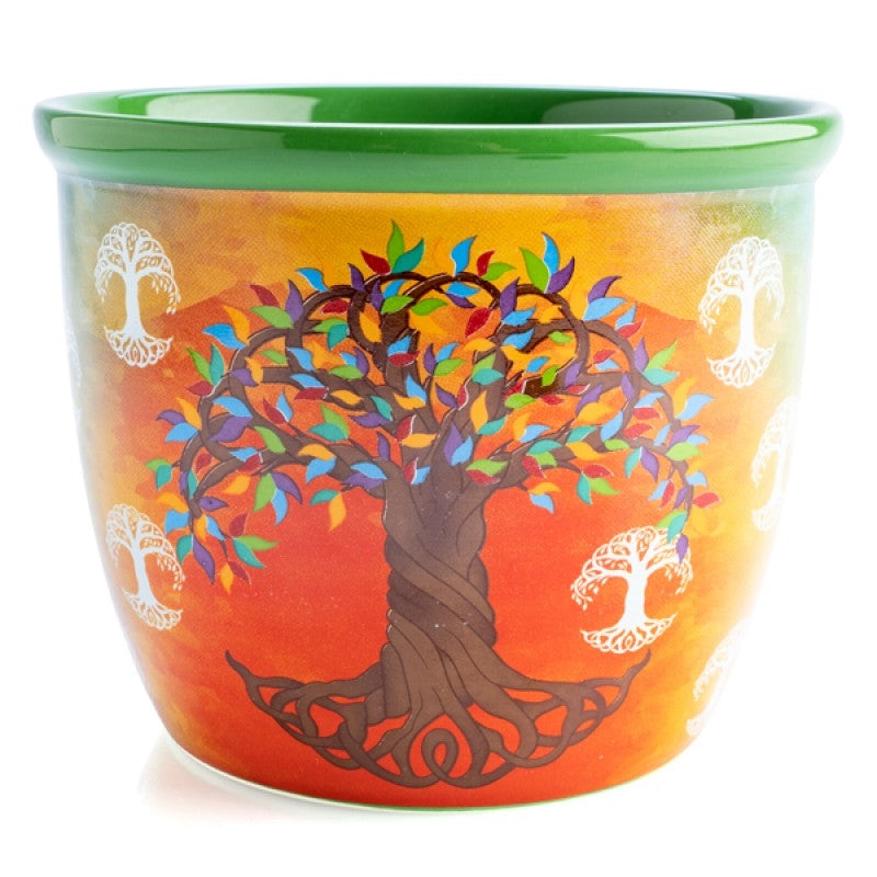 Colorful Tree of Life design on Orange and Green ceramic smudge stick bowl