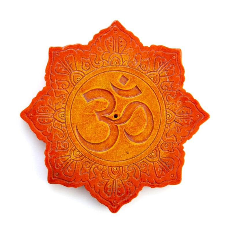 Orange Lotus Incense Stick Burner with Om symbol and mandala patterns for herbal tea rituals