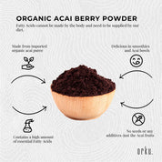 bowl of acai powder with key callouts