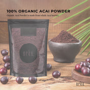 organic acai powder next to whole acai berries