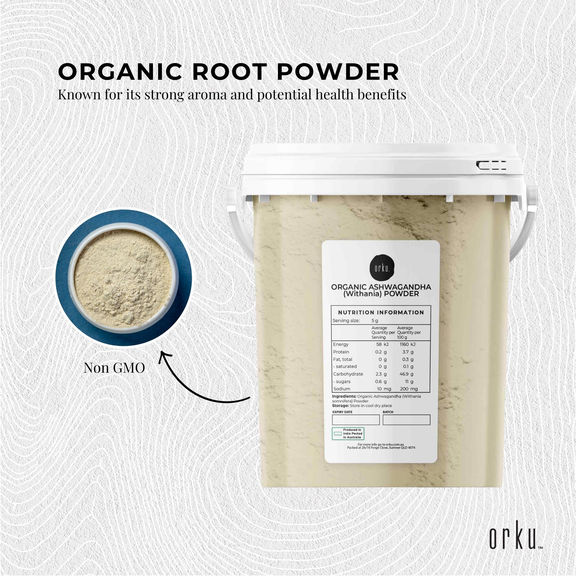 White bucket of Organic Ashwagandha Root Powder Withania Somnifera with label and dish