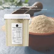 Organic Ashwagandha Root Powder Tub Withania Somnifera 600g with nutritional label