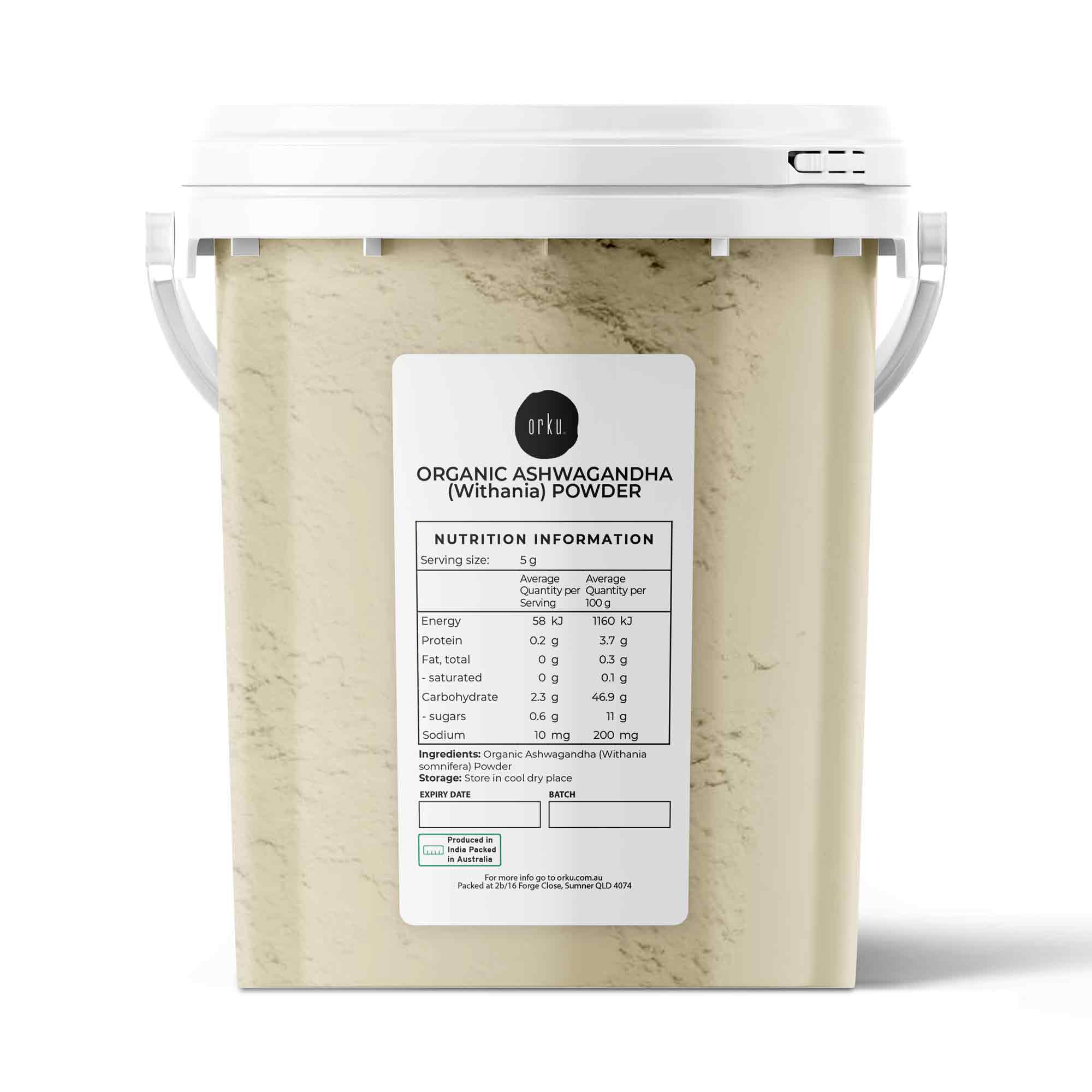 White plastic bucket of Organic Ashwagandha Root Powder Withania Somnifera 600g with label