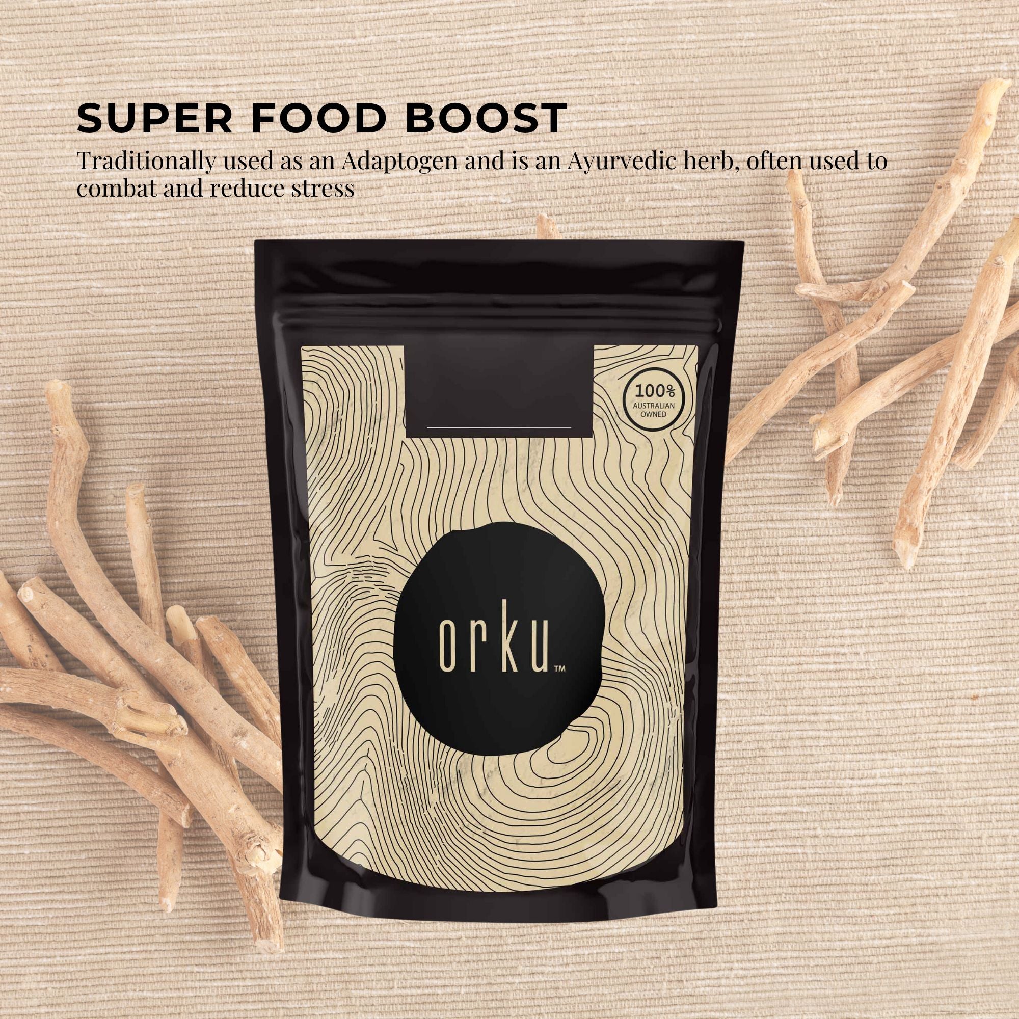 Black pouch with Orku branding and wavy design for Organic Ashwagandha Root 100g