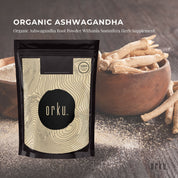 Black pouch of premium organic Ashwagandha root powder Withania Somnifera 100g