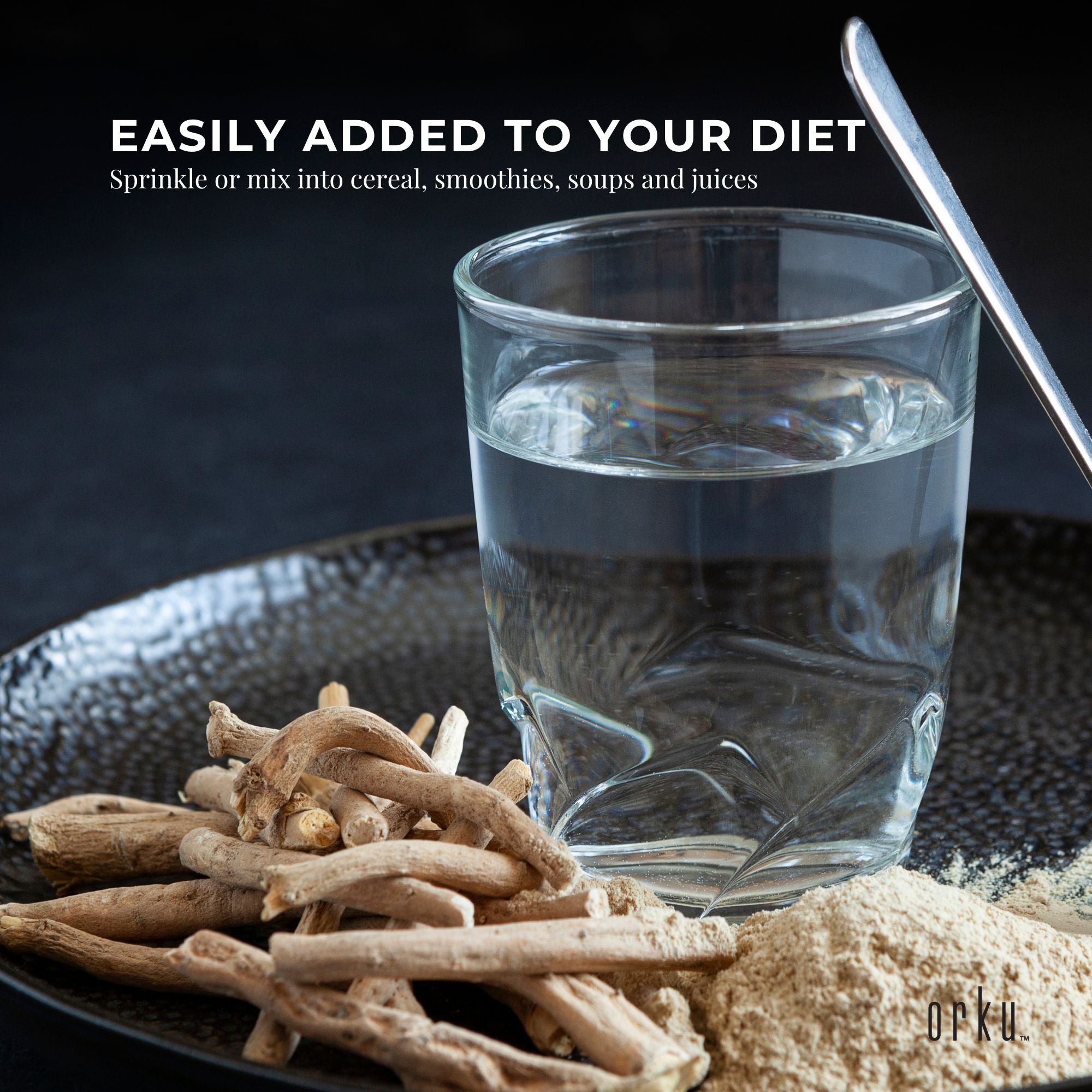 Dried Organic Ashwagandha Root and Powder Withania Somnifera Next to a Glass of Water