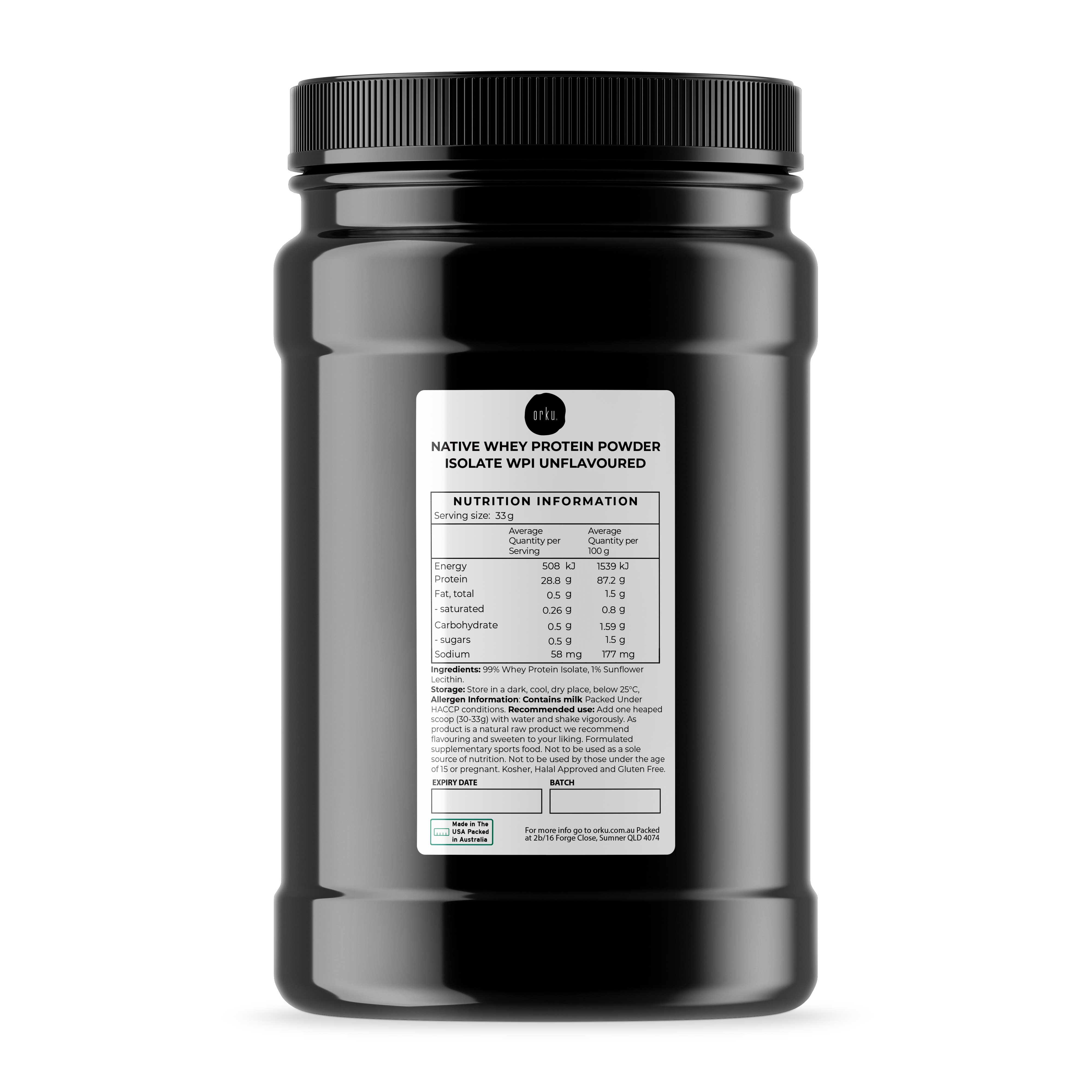 Orku 1Kg Native Whey Protein Isolate Powder - Unflavoured WPI Jar - Health & Beauty > Nutrition & Supplements >