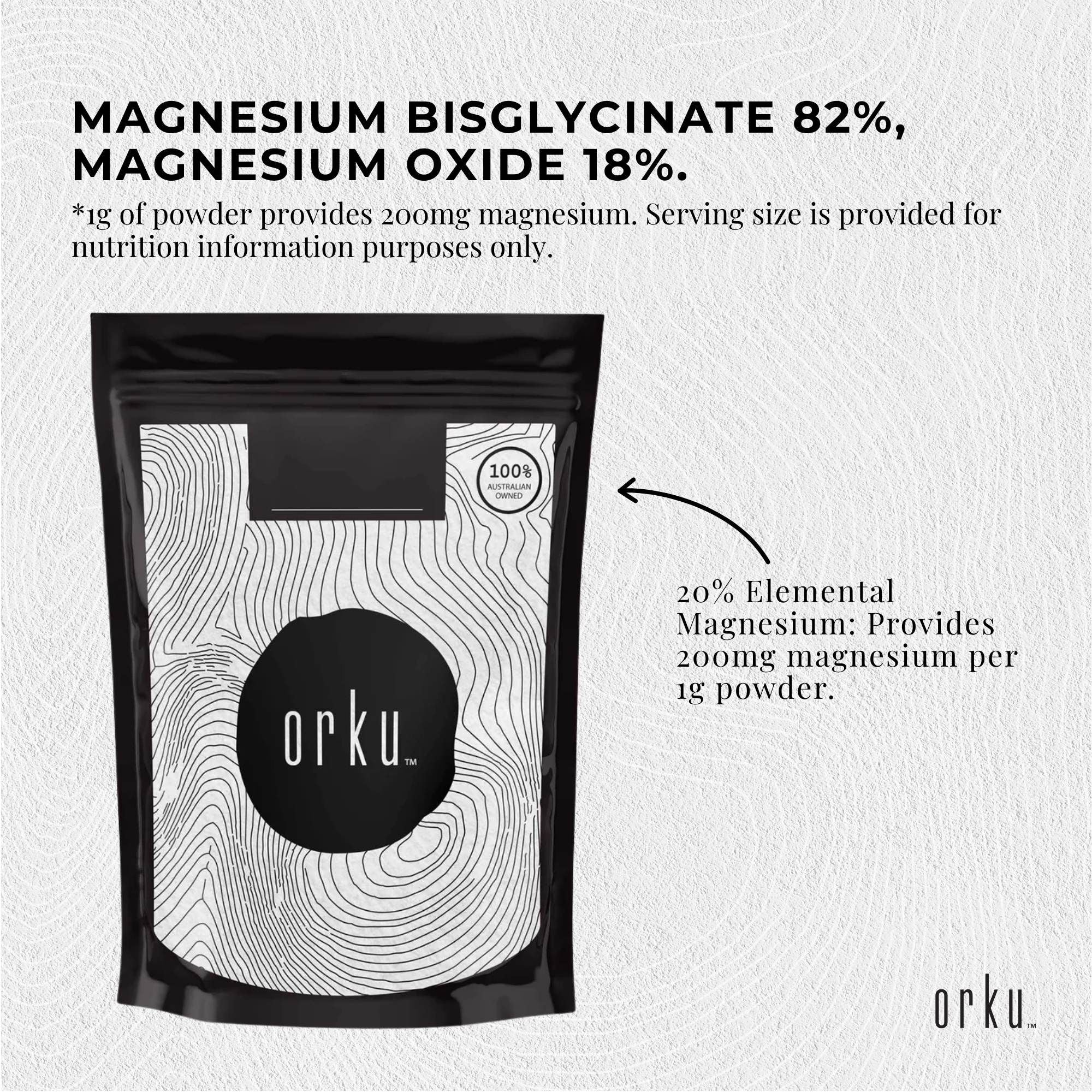 Orku 400g Magnesium Bisglycinate Powder Unflavoured Chelated