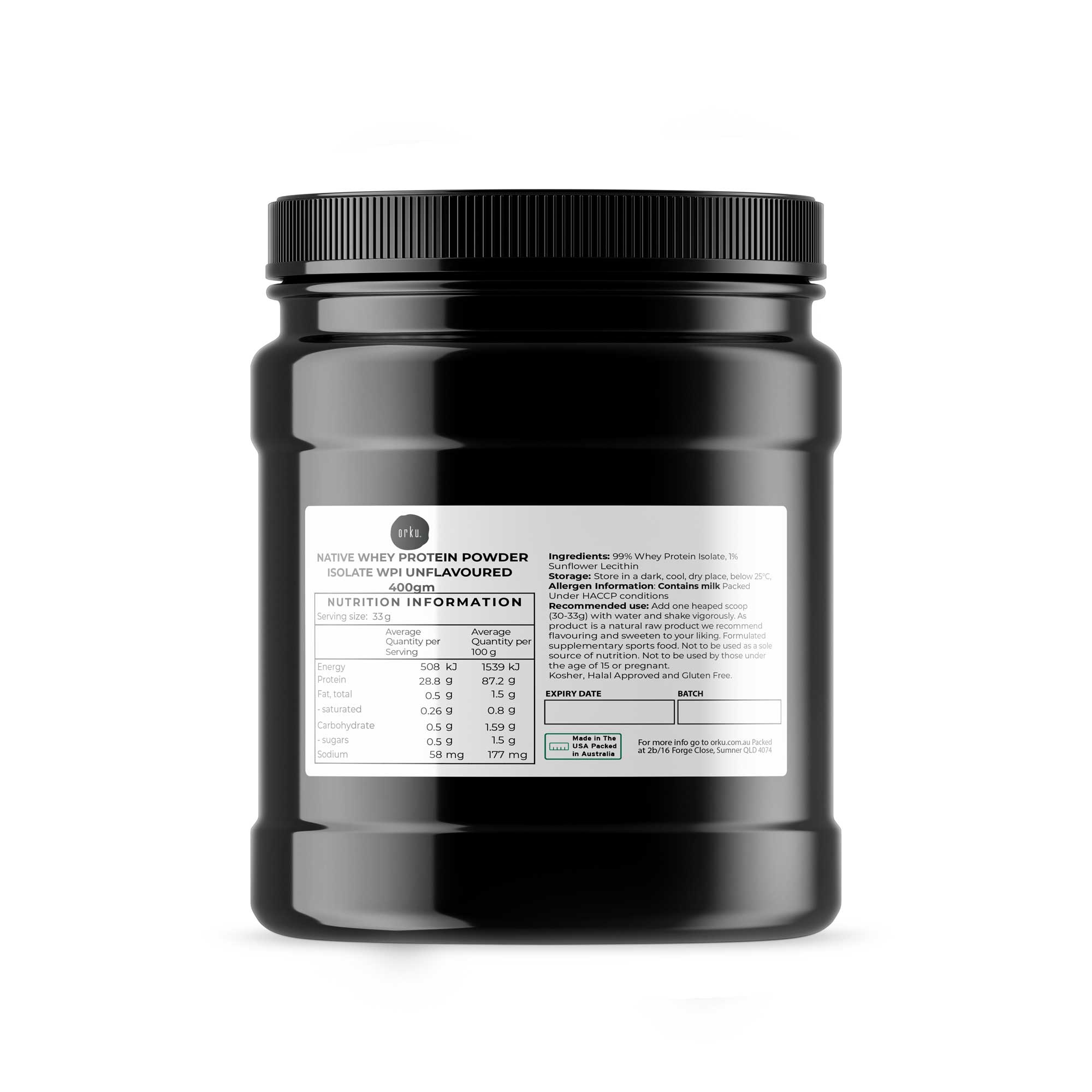 Orku 400g Native Whey Protein Isolate Powder - Unflavoured WPI Jar - Health & Beauty > Nutrition & Supplements >