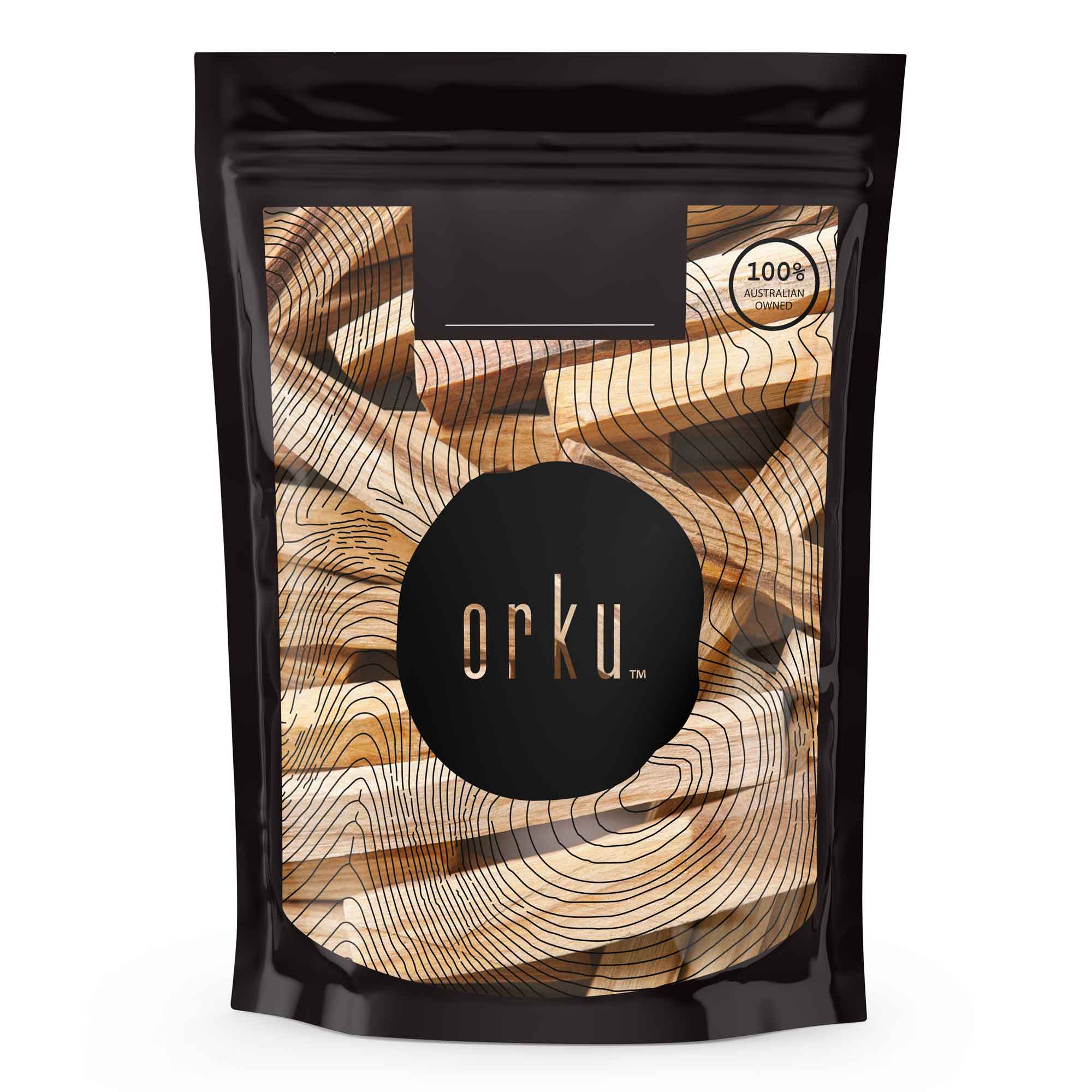 Black resealable pouch with Orku branding and wood grain design for Palo Santo Smudge Sticks