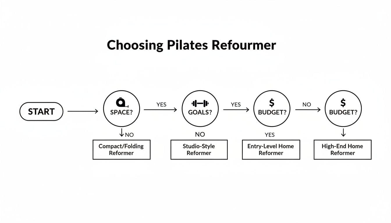 Flowchart guiding the selection of a Pilates reformer based on space, goals, and budget considerations.