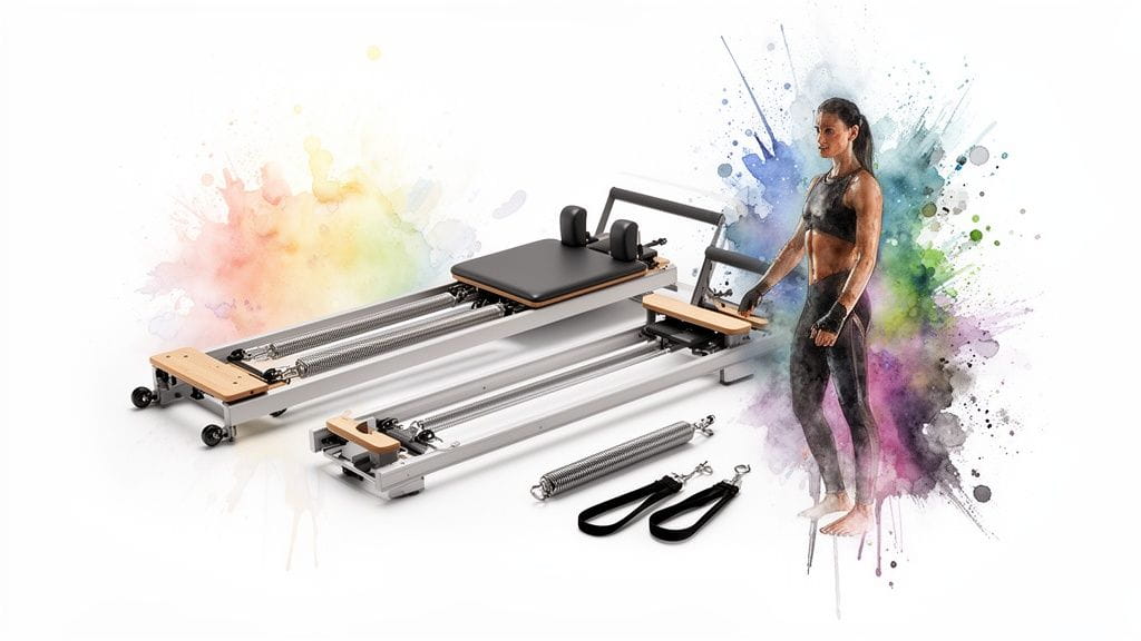 A sleek pilates reformer machine with springs, straps, and a woman in activewear on a vibrant background.