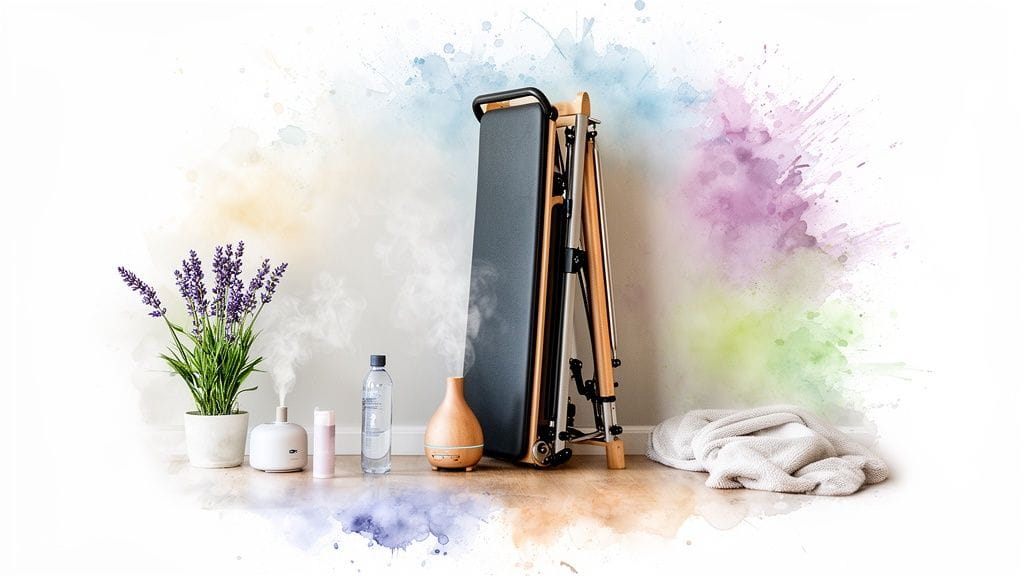 Folded Pilates reformer, lavender plant, water, and diffusers creating a serene home wellness space.