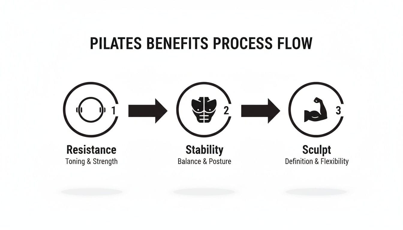 A Pilates benefits process flow diagram shows three steps: Resistance, Stability, and Sculpt.