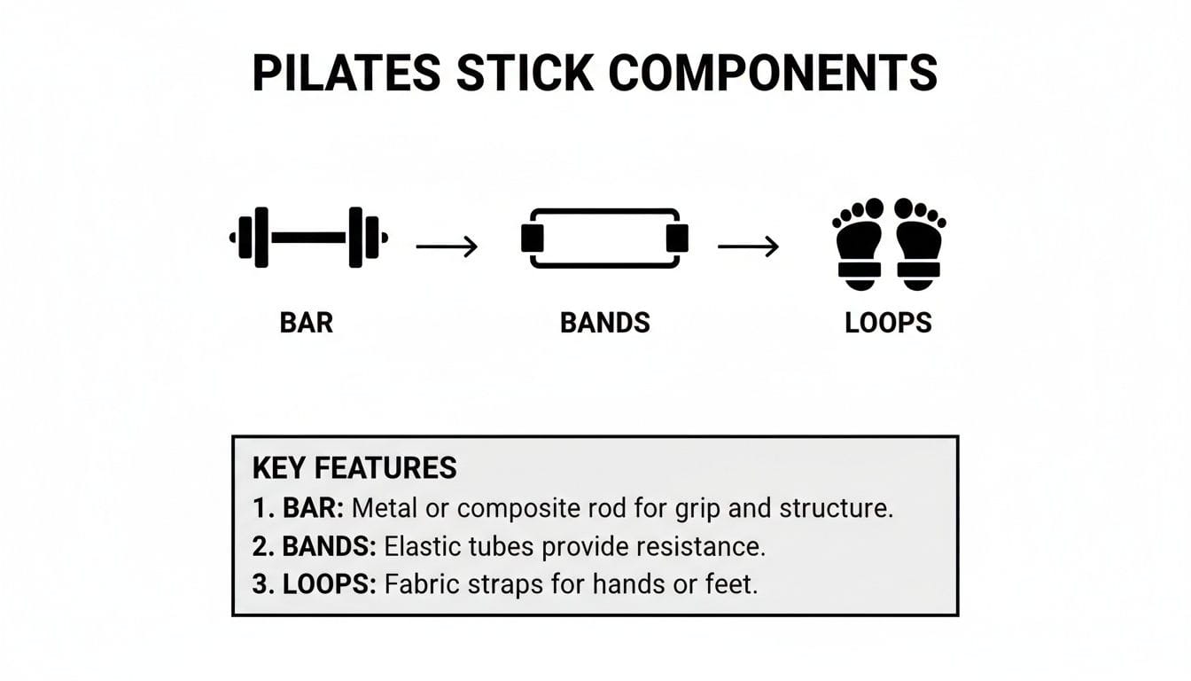 Diagram illustrating Pilates stick components: Bar, Bands, and Loops, with descriptions of their key features.
