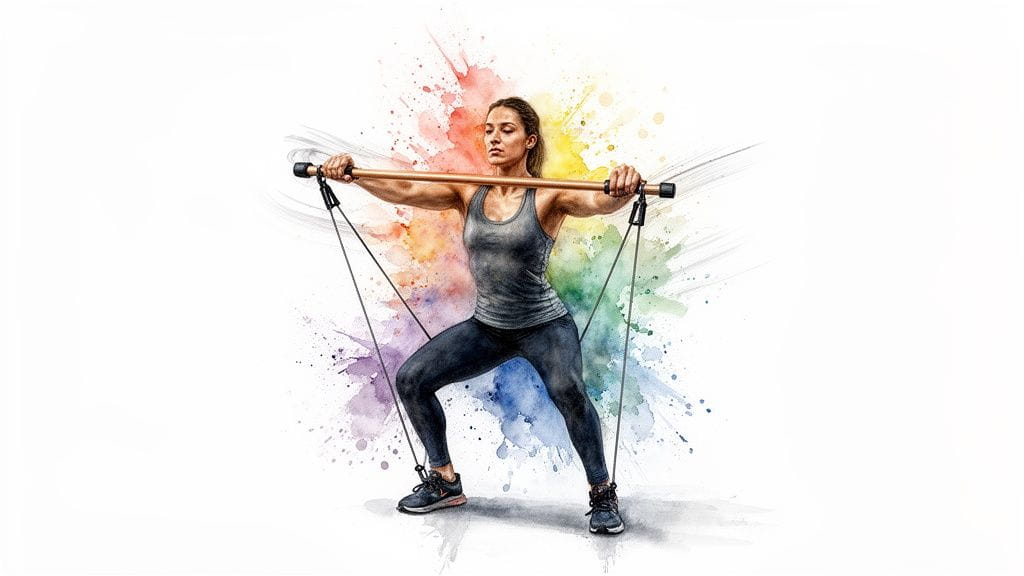 A fit woman in athletic wear performs a full-body workout with a Pilates stick and resistance bands.