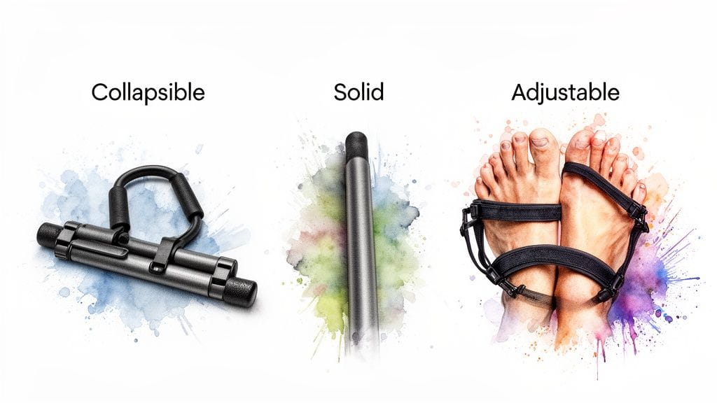 Pilates stick features: collapsible design, a solid rod, and adjustable foot straps shown on a white background.