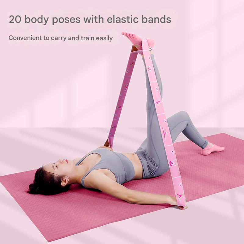 Pink Instructional Premium Yoga Stretch Strap with Embroidered Pose Guide - 11-Loop Flexibility Band