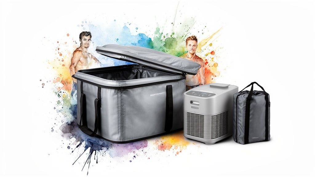 A comprehensive portable ice bath setup featuring a large insulated tub, a compact chiller, and carrying bags, set against colorful splashes.