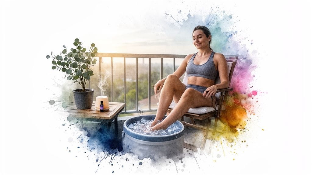 A woman relaxes on a balcony, soaking her feet in a portable ice bath with a plant and essential oil diffuser.