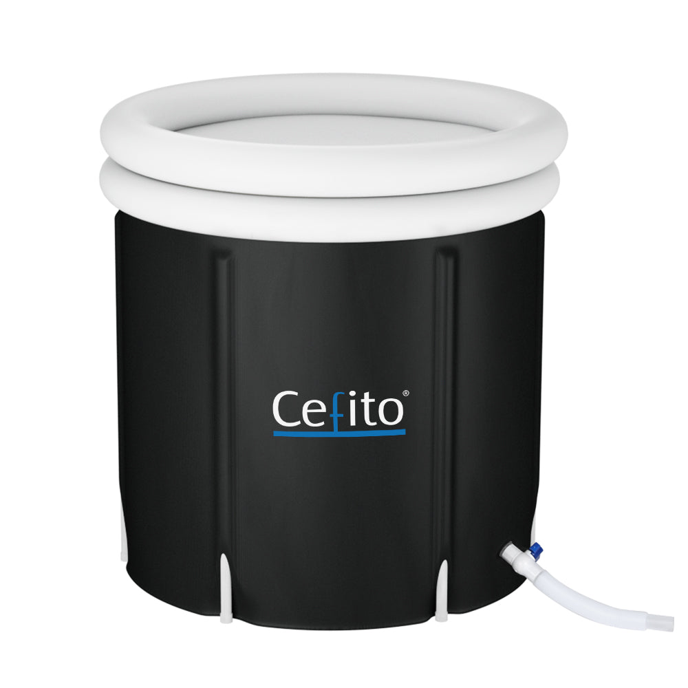 Black cylindrical container with white lid featuring Cerito branding for Portable Ice Bath Tub