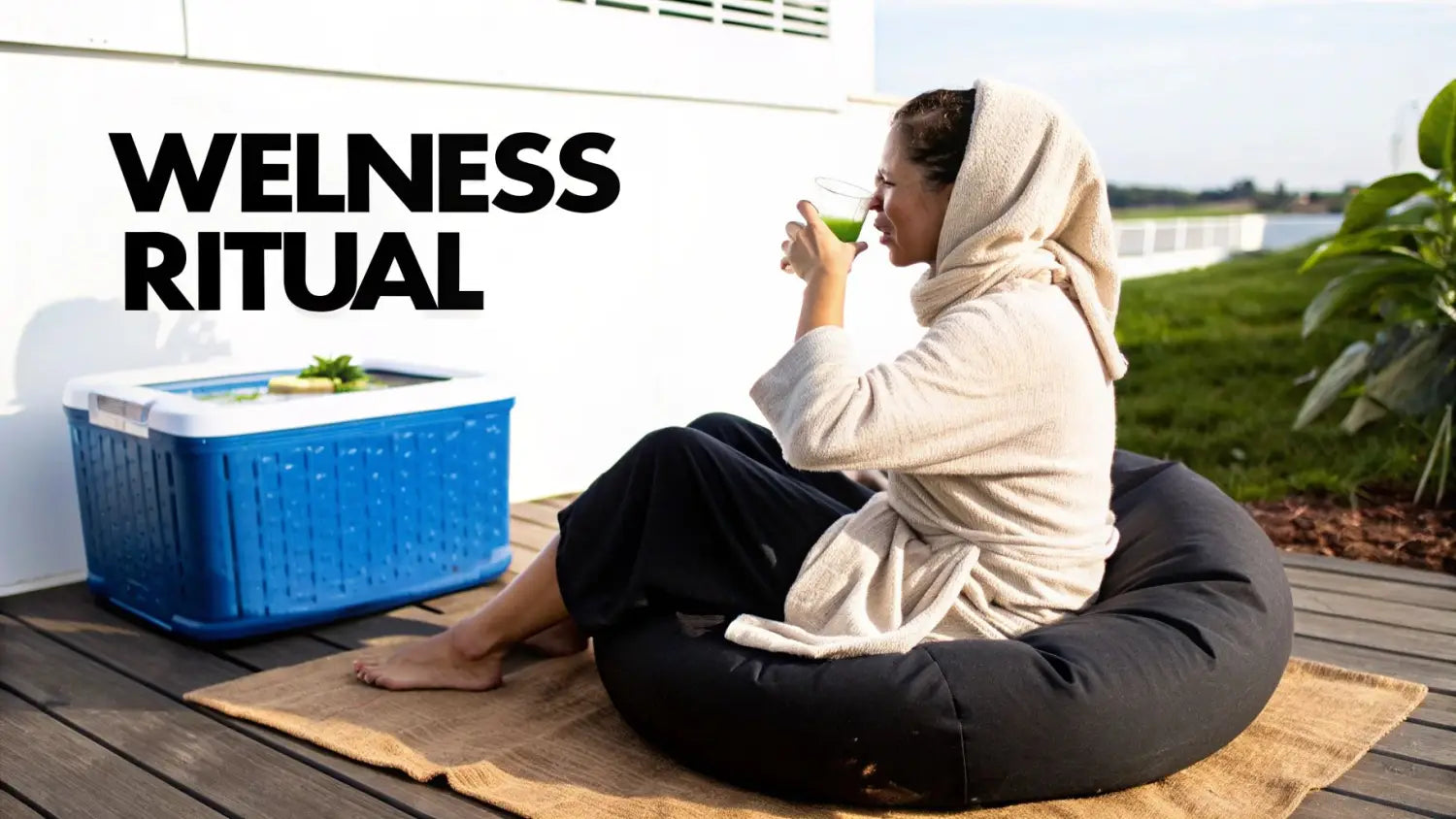 A person in a robe sips a green drink on a deck next to a blue portable ice bath.